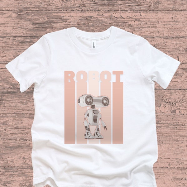 Peach Robot Print Tee for Toddlers & Youth, Next Generation Robotic wear, Vintage extended letters robot tee, futuristic robot apparel
