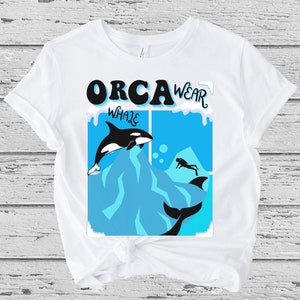 Orca Whale Wear T-Shirt - Blue Panel Design with Killer Whale and &#39;Orca Wear&#39; Print, Unique Winter Wildlife Shirt, Cozy Apparel Gift Idea
