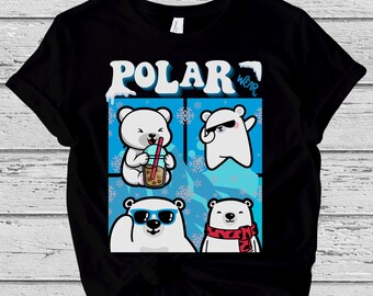 Polar Bear Wear T-Shirt, Blue Panel Design with Polar Bears and 'Polar Wear' Print, Unique Winter Wildlife Shirt for Adults, Cozy Gift Idea