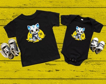 Camiseta y body para niños Baby Wolf Robot, diseño único, texto de lobo en japonés, estilo futurista de moda, camiseta de 6 a 24 meses, body de 0 a 24 meses