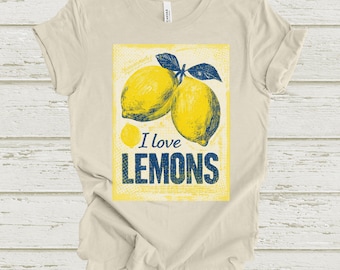 I Love Lemons T-Shirt, Retro Kitchen Grocery Style Tee, Vintage Fruit Market Top, Italian Citrus Shirt, Summer Lemon Graphic Gift