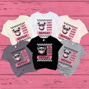Unique Pig Bubble Gum T-Shirt - Pink Design, &#39;Eat Sleep Chew Repeat&#39; Print | Fun Farm Animal Shirt for Adults | Cool Casual Gift Idea