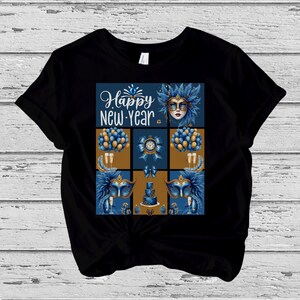Happy New Year Blue Panel T-Shirt, NYE Celebration Party Tee, Festive New Years Eve Graphic Shirt for Holiday Fun & Countdown Style