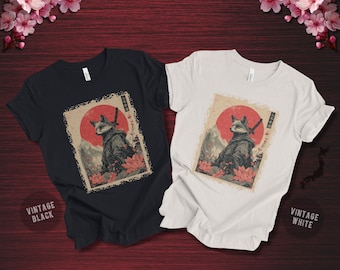 Samurai Fox T-shirt, Kitsune Warrior Vintage Japansk Torii Lotus, Mytiskt Heligt Djur Japan T-shirt