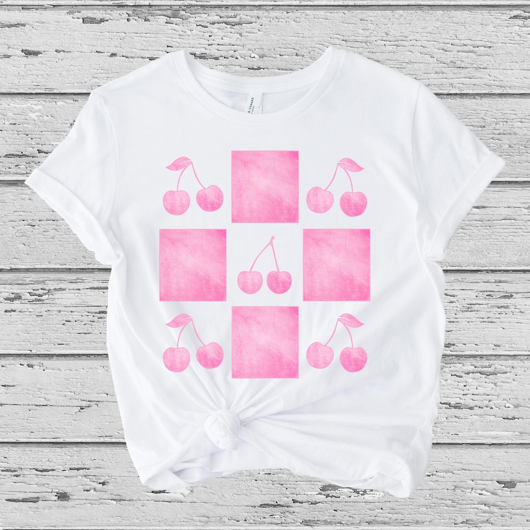 Soft Pink Watercolor Grid Cherry T-shirt, Aesthetic Fruit Panel Tee for ...
