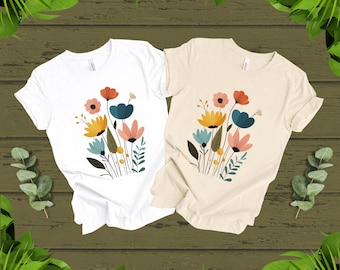Bunter Wildblumenstrauß T-Shirt, modernes Blumenhemd, Botanische Garten-Grafik-T-Shirt, Natur inspiriertes Geschenk für sie, minimalistisches Blumenoberteil