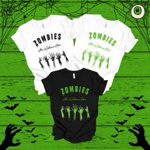 Zombies Are Welcome Here T-Shirt, Creepy Zombie Hands Graphic Tee, Spooky Halloween Horror Shirt for Undead Party & Haunted Season