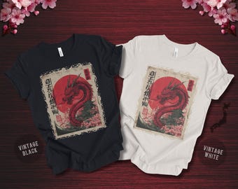 日本の龍Tシャツ、神聖な動物のシンボルTシャツ、ヴィンテージ神話デザイン、強さと知恵の保護シャツ、ユニセックスの日本製ギフト