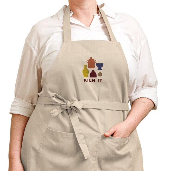 Kiln It Pottery Apron Ceramics Artist Gift Organic Cotton Natural Apron with Embroidered Pots Detail