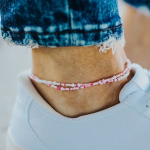 LILY - Classic White and Shades of Pink Dainty Anklet / Bohemian Anklet / Double Wrap Anklet / Stretchy Anklet / Anklet for Women / Gift