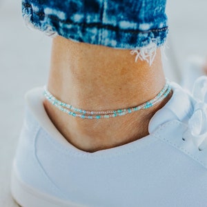 OCEAN - Dainty Crystal And Blue Beaded Anklet / Double Wrap Stretchy Anklet / Beachy Anklet / Czech glass Beads / Minimalist / Gift