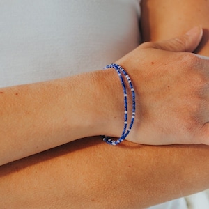 COLUMBA - Dark Sapphire and Lovely White Dainty Beaded   Bracelet / Double Wrap Stretchy  Bracelet  / Delicate Minimalist   Bracelet  / Gift