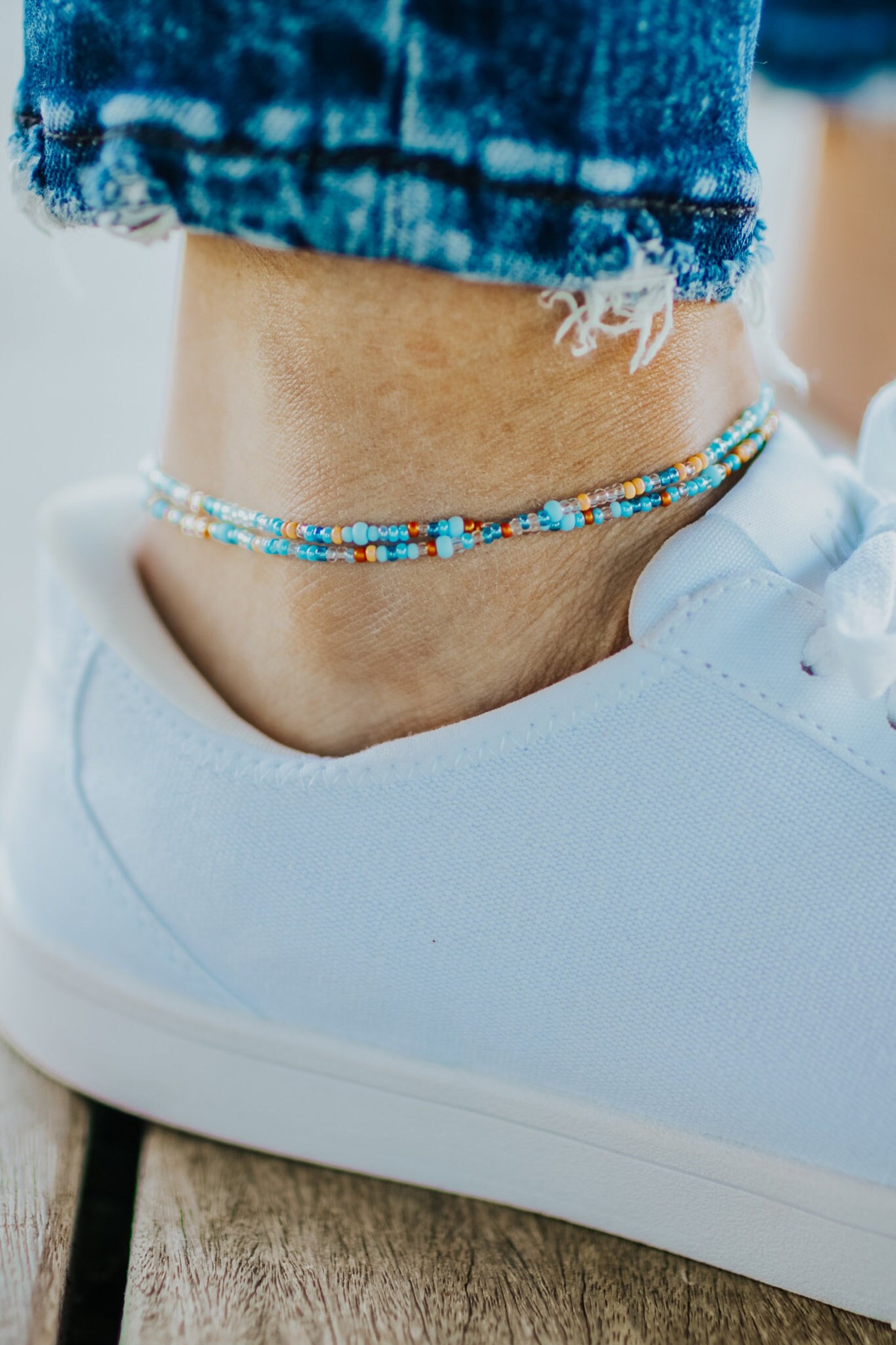 Blue Anklet String HIGH TIDE - Subtle Blue and Neutral Colors Beaded Anklet / Dainty Beach ...