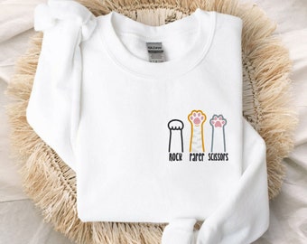 Sudadera unisex con cuello redondo y diseño de gato, piedra, papel y tijera bordados, sudadera con gato, regalo de adopción de mascotas, animal rescatado, suéter de piel para bebé