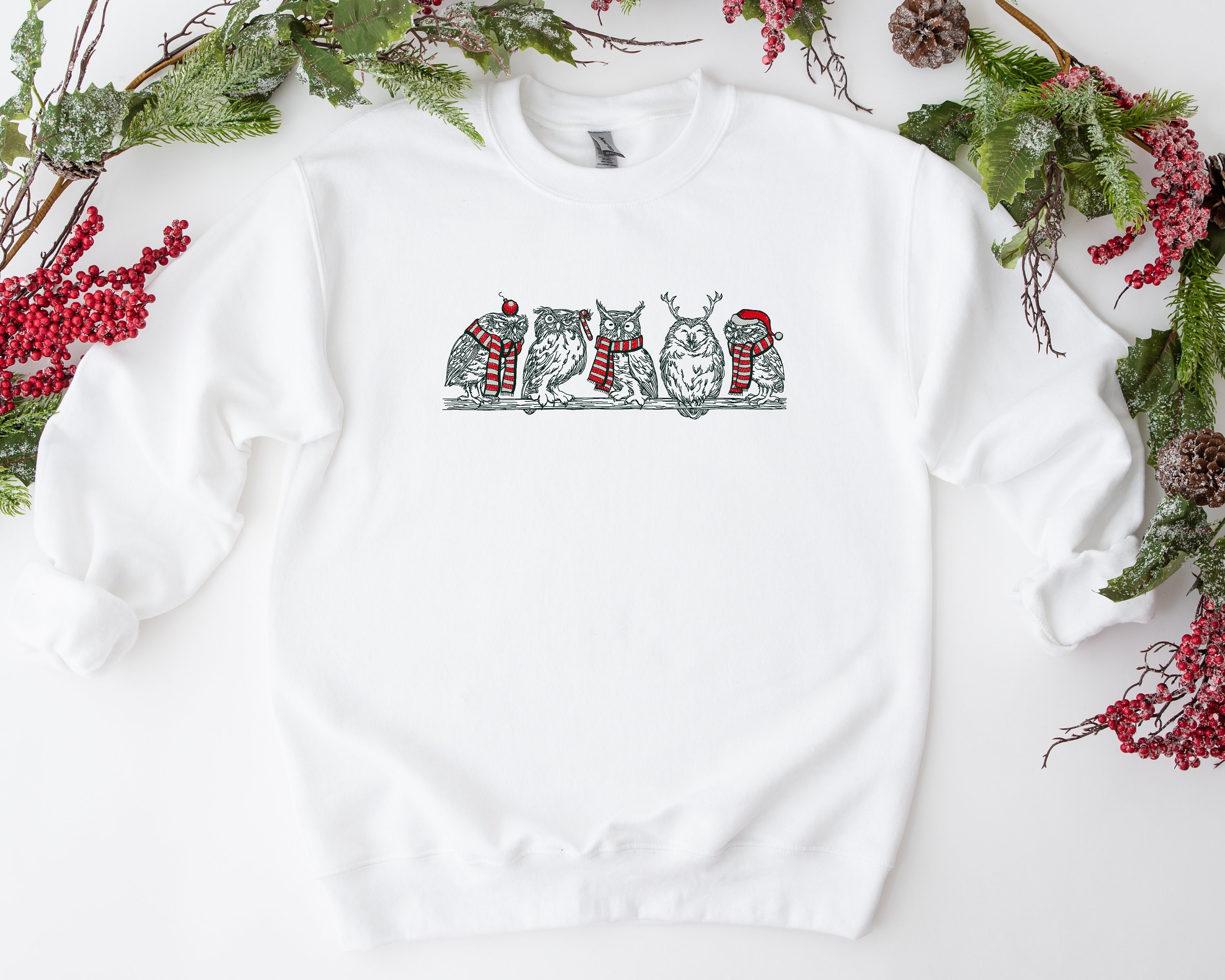 Whimsical Winter Owls Embroidered Crewneck Sweatshirt | Funny Christmas Sweatshirt | Gift for Her | 