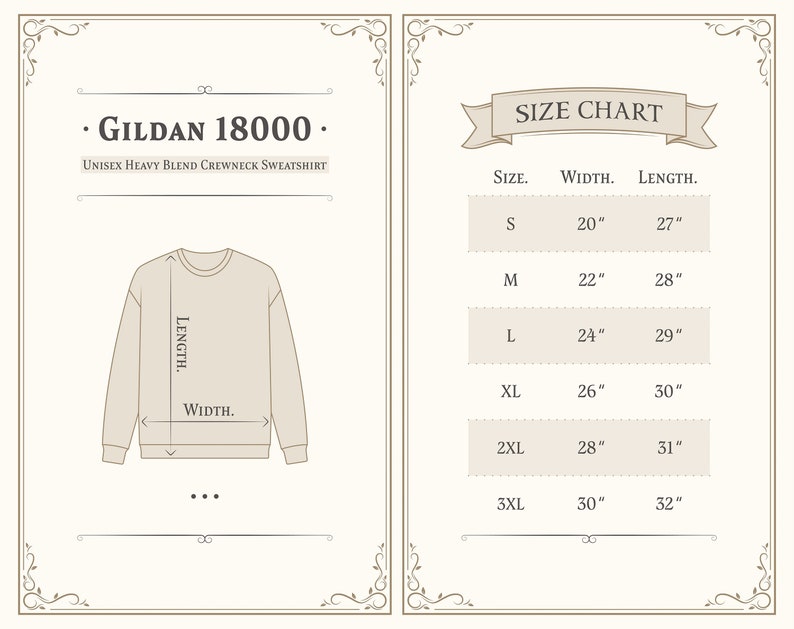 Puede incluir: Tabla de tallas para una sudadera con cuello redondo de mezcla pesada unisex Gildan 18000. La tabla muestra el ancho y la longitud en pulgadas para las tallas S, M, L, XL, 2XL y 3XL.