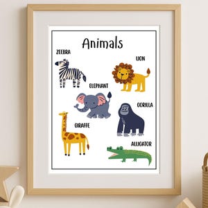 Safari Animals Poster for Kids, Jungle Animal Educational Wall Art, Printable Safari Animal Nursery Decor, Children’s Animal Learning Print