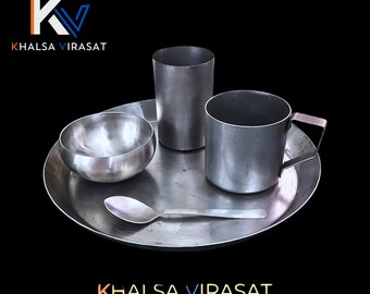 Ensemble de vaisselle Sarbloh de 5 articles, bol en fer fait main, bata, tasse, assiette, cuillère, verre, Sarbhloh Batta, articles sikhs,