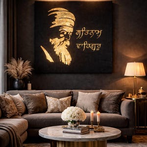 May include: A large rectangular wall art piece featuring a gold silhouette of a bearded figure in a turban on a black background, accompanied by gold Gurmukhi script text. The artwork is displayed above a sofa in a dimly lit room.