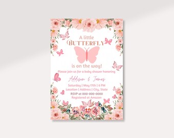 Floral Butterfly Baby Shower Invite | Pink Spring Theme | Instant Download | Whimsical Butterfly Baby Shower Invitation