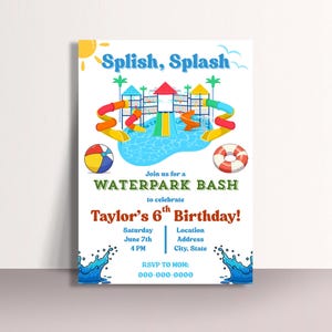 Splash Party Birthday Invitation | Waterpark Theme Invite | Editable Summer Birthday Template for Kids