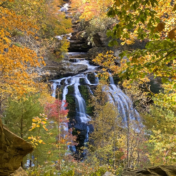 Fall Surrounds the Falls at Cullasaja Falls Waterfall, Highlands North Carolina