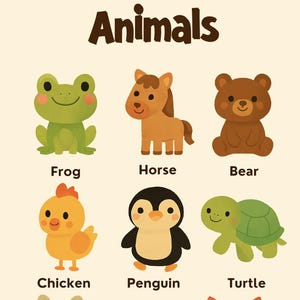 Puede incluir: Un colorido p&oacute;ster educativo con animales de dibujos animados. La palabra "Animals" est&aacute; en la parte superior. El p&oacute;ster incluye una rana, un caballo, un oso, un pollo, un ping&uuml;ino, una tortuga, un conejo, un b&uacute;ho y un zorro.