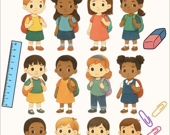 Imágenes prediseñadas de regreso a clases para niños, útiles escolares (descarga instantánea)