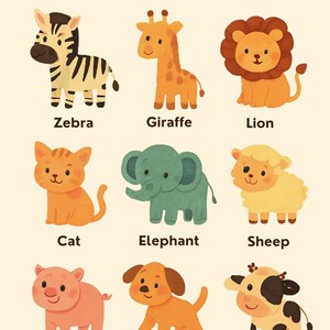 Puede incluir: Un colorido p&oacute;ster educativo con animales de dibujos animados. Presenta una cebra, una jirafa, un le&oacute;n, un gato, un elefante, una oveja, un cerdo, un perro y una vaca, cada uno con su nombre. La palabra "Animals" est&aacute; en la parte superior.