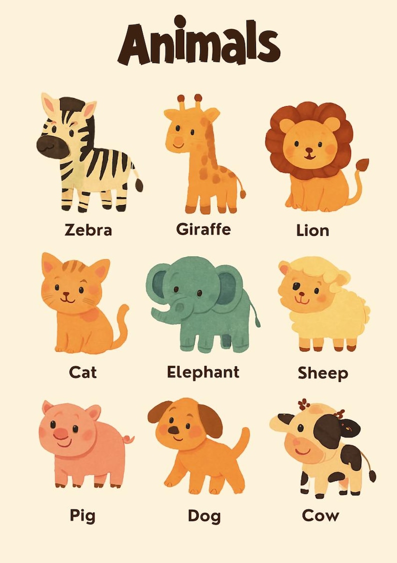 Puede incluir: Un colorido p&oacute;ster educativo con animales de dibujos animados. Presenta una cebra, una jirafa, un le&oacute;n, un gato, un elefante, una oveja, un cerdo, un perro y una vaca, cada uno con su nombre. La palabra "Animals" est&aacute; en la parte superior.