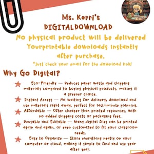Puede incluir: Anuncio de descargas digitales de Ms. Kerri, sobre un fondo melocot&oacute;n y blanco. El texto destaca los beneficios de las descargas digitales: ecol&oacute;gicas, acceso instant&aacute;neo, asequibles, reutilizables y f&aacute;ciles de organizar. Un icono PDF est&aacute; en la parte inferior derecha.