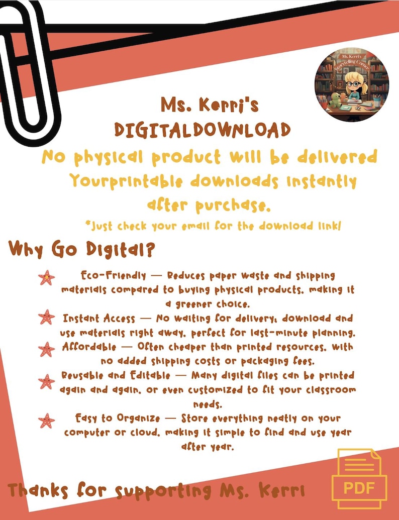 Puede incluir: Anuncio de descargas digitales de Ms. Kerri, sobre un fondo melocot&oacute;n y blanco. El texto destaca los beneficios de las descargas digitales: ecol&oacute;gicas, acceso instant&aacute;neo, asequibles, reutilizables y f&aacute;ciles de organizar. Un icono PDF est&aacute; en la parte inferior derecha.