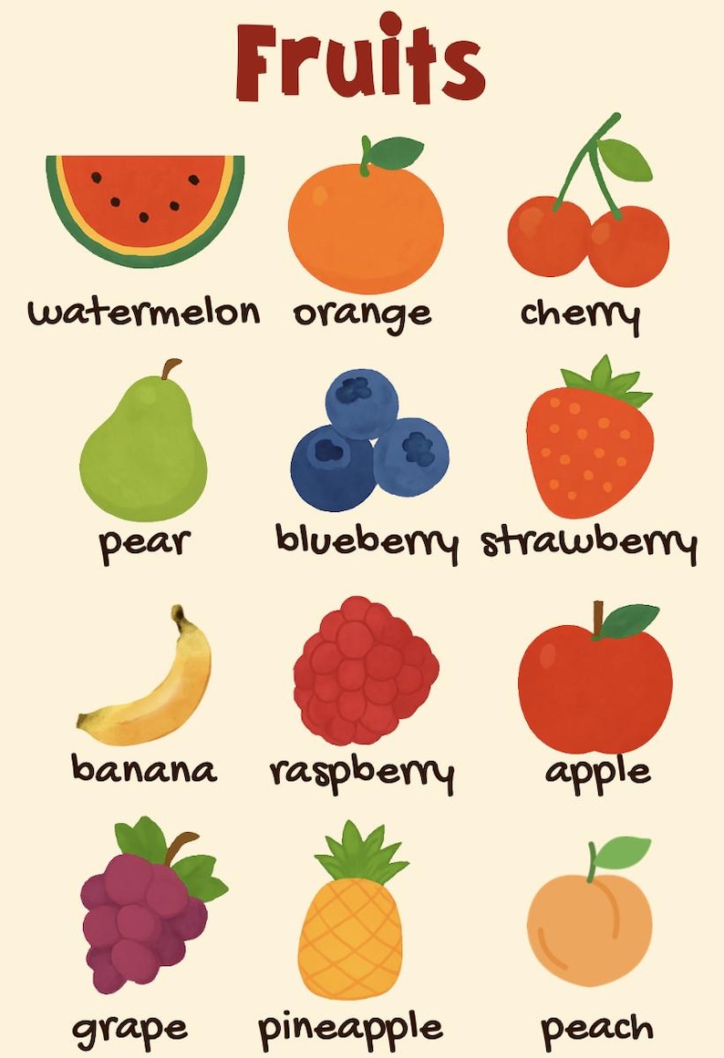 Puede incluir: Ilustraci&oacute;n colorida de varias frutas, incluyendo sand&iacute;a, naranja, cerezas, pera, ar&aacute;ndanos, fresa, pl&aacute;tano, frambuesa, manzana, uva, pi&ntilde;a y melocot&oacute;n. La palabra "Frutas" est&aacute; en la parte superior.