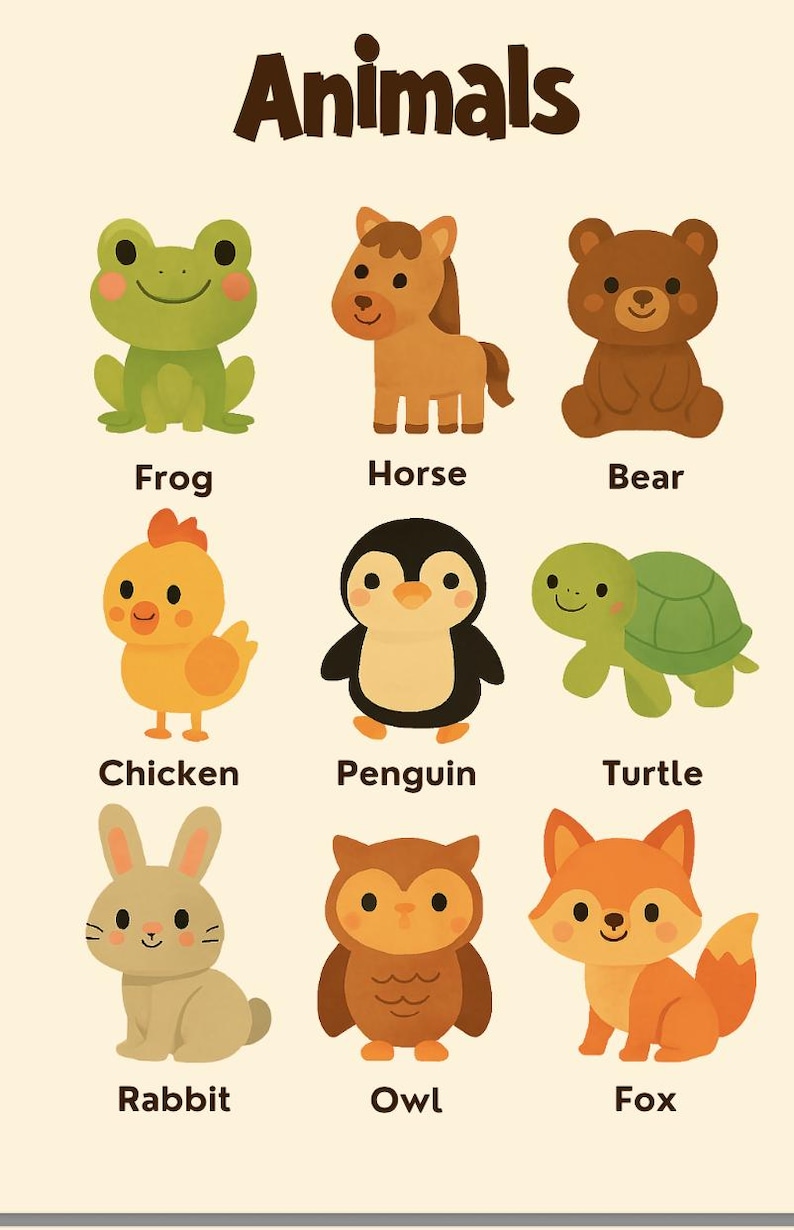 Puede incluir: Un colorido p&oacute;ster educativo con animales de dibujos animados. La palabra "Animals" est&aacute; en la parte superior. El p&oacute;ster incluye una rana, un caballo, un oso, un pollo, un ping&uuml;ino, una tortuga, un conejo, un b&uacute;ho y un zorro.