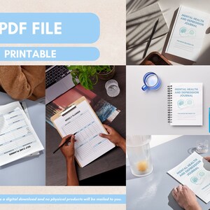 May include: Printable PDF file with the text "Mental Health and Depression Journal" on the cover. The journal has a blue and white design with a brain graphic. The image shows the journal on a table with a cup of water and a pen.