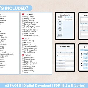 May include: A digital printable planner with 65 pages for self-care, tracking, and journaling. The planner includes sections for self-reflection, mood tracking, goal setting, and more. The planner is designed in a light blue and white color scheme with pink accents.