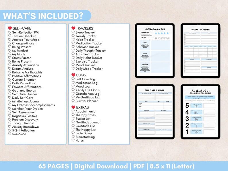 May include: A digital printable planner with 65 pages for self-care, tracking, and journaling. The planner includes sections for self-reflection, mood tracking, goal setting, and more. The planner is designed in a light blue and white color scheme with pink accents.