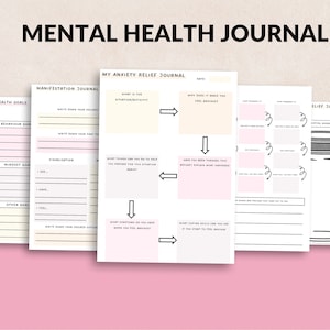 May include: A set of printable mental health journal pages with sections for goal setting, anxiety relief, and gratitude. The pages are black and white with pink accents.