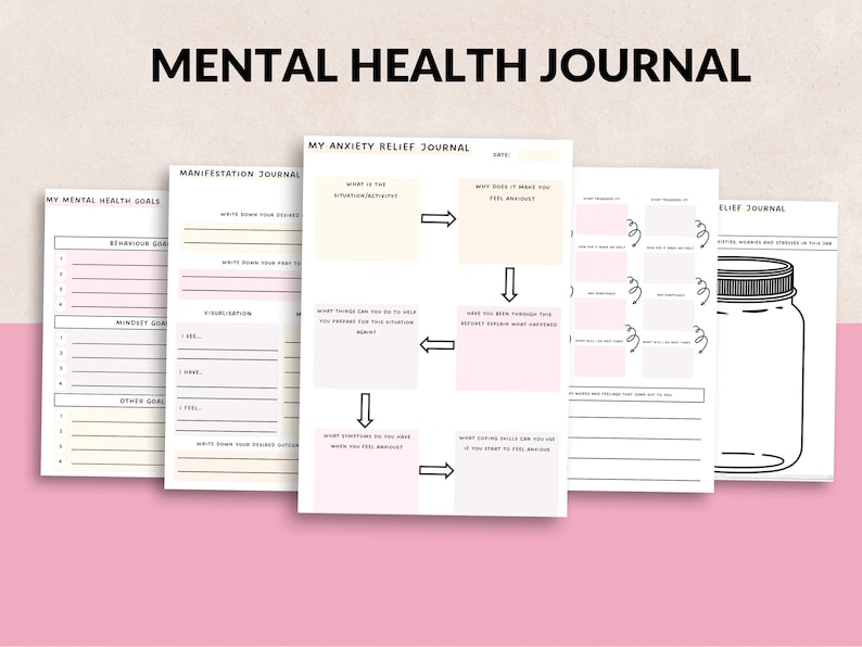 May include: A set of printable mental health journal pages with sections for goal setting, anxiety relief, and gratitude. The pages are black and white with pink accents.