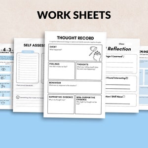 May include: Four printable worksheets for self-assessment, thought record, reflection, and problem discovery. The worksheets are designed to help with cognitive behavioral therapy and include prompts for journaling and self-reflection.