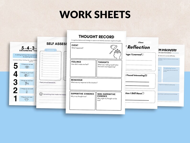 May include: Four printable worksheets for self-assessment, thought record, reflection, and problem discovery. The worksheets are designed to help with cognitive behavioral therapy and include prompts for journaling and self-reflection.