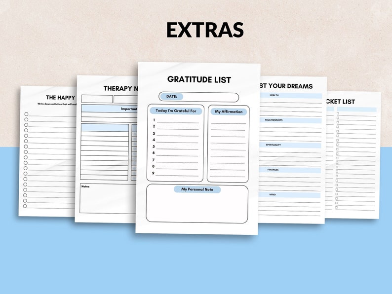 May include: A set of printable planner pages with titles like "The Happy", "Therapy Notes", "Gratitude List", "List Your Dreams", and "Bucket List". The pages are designed with a light blue and white color scheme.