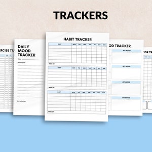 May include: A set of printable trackers for daily mood, habit, exercise, and food. The trackers are designed with a light blue and white color scheme and have a simple, minimalist design.