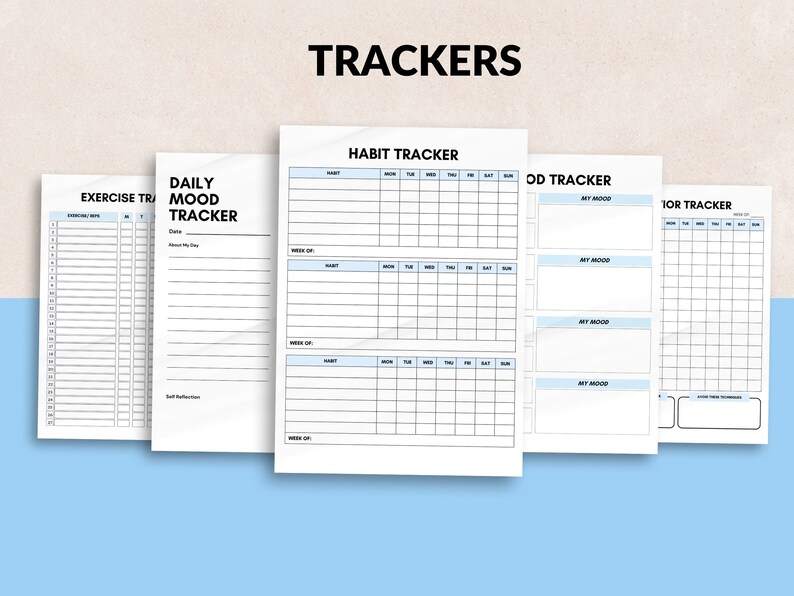 May include: A set of printable trackers for daily mood, habit, exercise, and food. The trackers are designed with a light blue and white color scheme and have a simple, minimalist design.