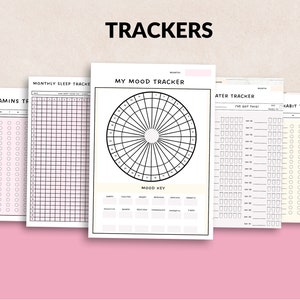 May include: A set of printable trackers for habit, mood, sleep, and vitamins. The trackers are black and white with a simple design.
