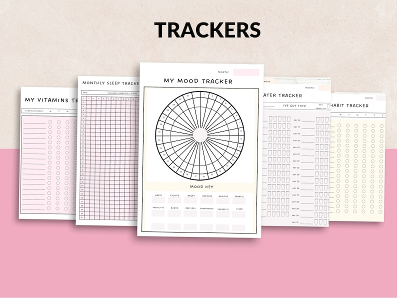May include: A set of printable trackers for habit, mood, sleep, and vitamins. The trackers are black and white with a simple design.