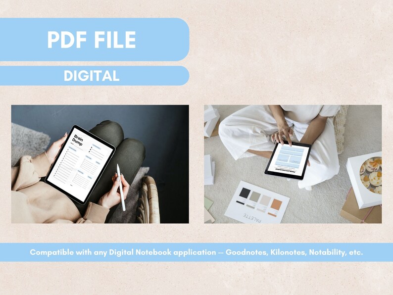 May include: A digital planner with the text "Brain Dump" on the screen. The planner is open on a tablet and is being used by a person. The image is a digital product and is compatible with Goodnotes, Kilonotes, Notability, and other digital notebook applications.