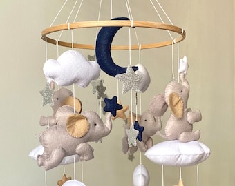 Baby Mobile with Elephants, Animal Crib Mobile, Nursery Decor, Baby Crib Mobile, Baby Shower Gift, Handmade Crib Mobile, Baby Crib Decor