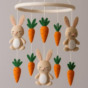 Felt Bunny and Carrot Baby Mobile – Handmade Neutral Nursery Decor – Woodland Rabbit Crib Mobile for Baby Shower Gift