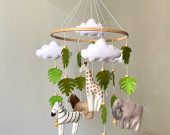 Baby Mobile Safari Animals, Safari theme baby shower, Nursery decor, Baby shower gift, Elephant, lion, zebra, giraffe, leaf, Safari nursery